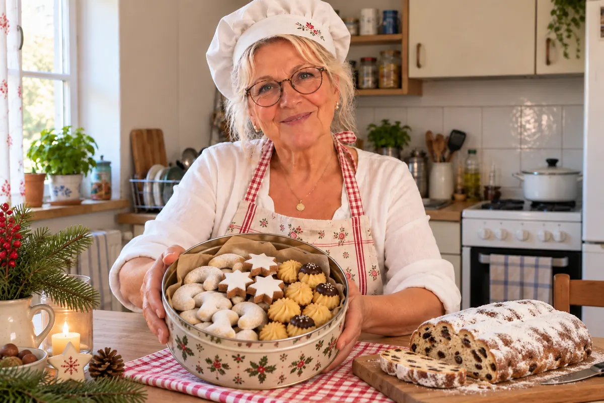 Ingrid in ihrer hellen Küche mit einem Blech Plätzchen